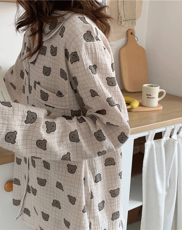 헤이데이 - [커플] 레이베어 프린팅 패턴 체크 곰돌이 잠옷 - pajama.set